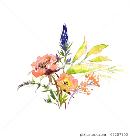 Wedding bridal romanric rustic soft flowers bouquet . Hand drawing watercolor pink and purple and orange flowers ornament 62207500
