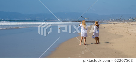 visitors to the beach observe the landscape and flying seagulls 62207568