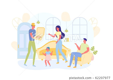 Delivery Man Bringing Pizza to Family, Waiting. 62207977