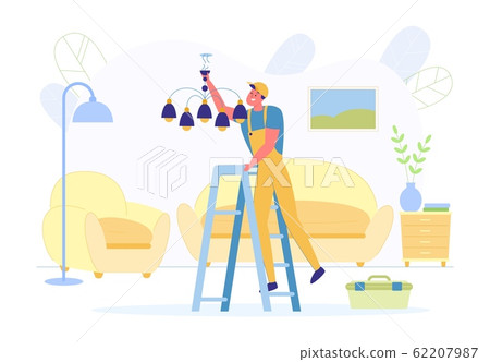 Master Household Works Hangs Chandelier at Home. 62207987