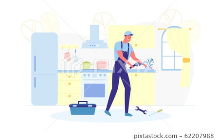 Plumbing Repair Work on Tap in Kitchen, Banner. Plumbing Repair Work on Tap in Kitchen, Banner. 62207988