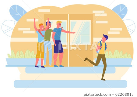 Guys Athletes Laughing at Nerd on School Porch. 62208013