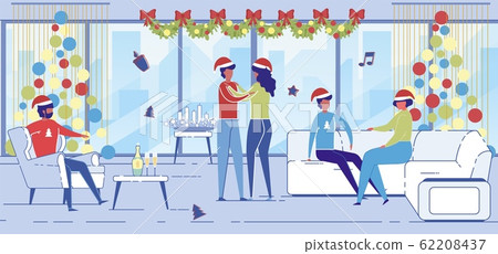 Positive Men and Women in Santa Claus Hats Dancing Positive Men and Women in Santa Claus Hats Dancing 62208437