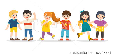 Bullying children. A boy pulling girl's hair. Girl pushing another girl. Angry boy rampage hitting him friend. 62213571