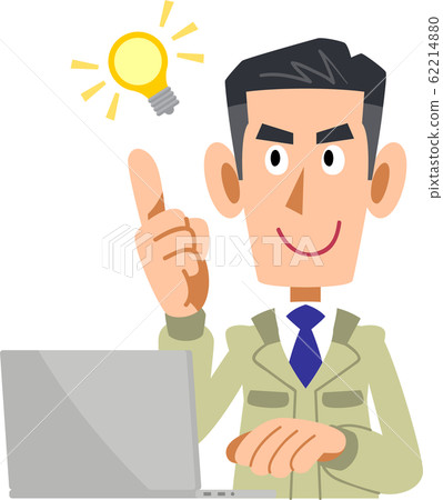 A man in a construction shop and a laptop with an idea 62214880
