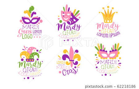 Mardi Gras Logo Design Templates Collection, Colorful Carnival Festive Hand Drawn Labels Vector Illustration 62218186