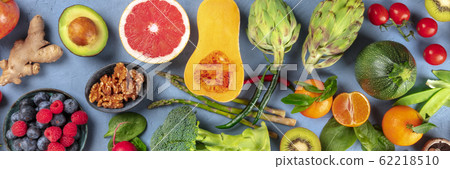 Vegan food top-down panoramic shot. Healthy diet concept. Fruits, vegetables, nuts, shot from the top. A flat lay 62218510