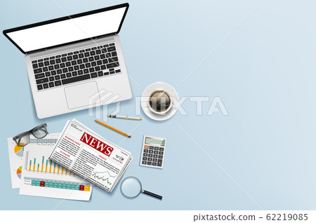 Workplace office table with laptop, documents 62219085