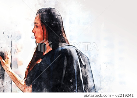 Beautiful Asia Business woman manager smile portrait and office building background in the capital city on watercolor illustration painting background. Beautiful Asia Business woman manager smile portrait and office building background in the capital city on watercolor illustration painting background. 62219241