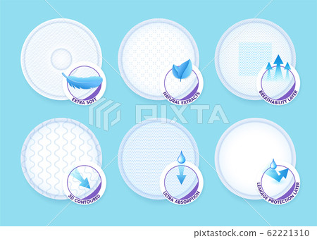 Concept layers with different texture and icons for breast pads, cotton pads, nursing pad Concept layers with different texture and icons for breast pads, cotton pads, nursing pad 62221310