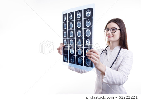Smiling Female MD is Contented by Head Tomography Film Smiling Female MD is Contented by Head Tomography Film 62222221