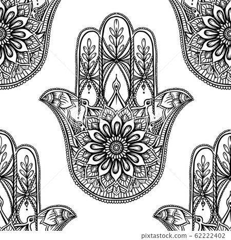Seamless pattern with ornate hand drawn hamsa. 62222402