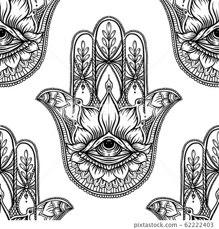 Seamless pattern with ornate hand drawn hamsa. 62222403