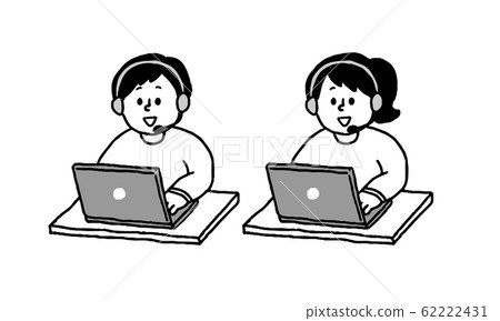 Head set Female and male set operating a personal computer in plain clothes (simple) Head set Female and male set operating a personal computer in plain clothes (simple) 62222431