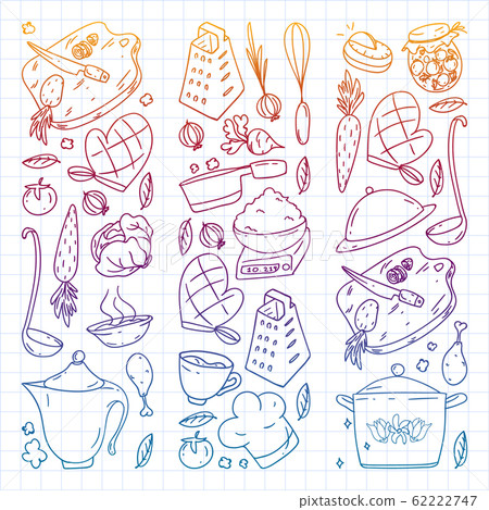 Vector set of cooking, gastronomy, vector cuisine and fast food cafe icons in doodle style. Painted, colorful, gradient, on a sheet of checkered paper on a white background. Vector set of cooking, gastronomy, vector cuisine and fast food cafe icons in doodle style. Painted, colorful, gradient, on a sheet of checkered paper on a white background. 62222747