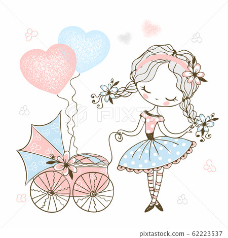 Cute little girl with a toy baby stroller with baby. Vector 62223537