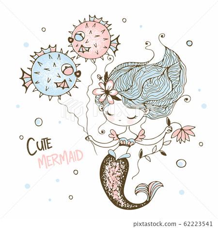 Cute little mermaid with funny fish-hedgehogs. Vector Cute little mermaid with funny fish-hedgehogs. Vector 62223541