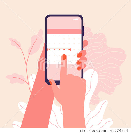 Menstruation cycle. Hands hold woman periods calendar. Menstrual phone application, ovulation check. Vector female health illustration 62224524