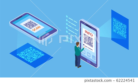QR code verification. Isometric barcode mobile scanning, customer makes paying with phone scanner. Info QR code vector illustration 62224541
