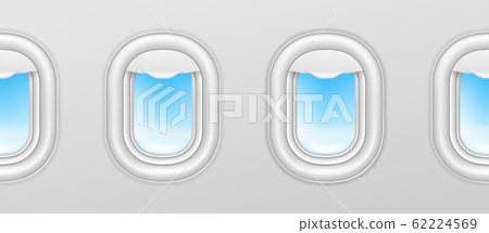 Aircraft windows. Airplane illuminators, plane portholes seamless vector exterior with blue sky outside 62224569