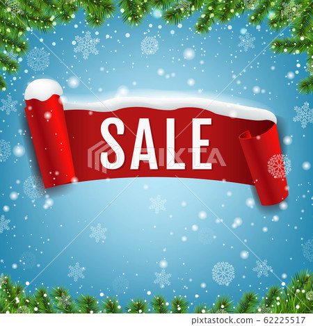 Sale Poster With Red Ribbon With Snow Isolated Sale Poster With Red Ribbon With Snow Isolated 62225517