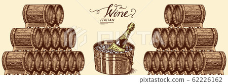 Wooden oak barrels of aged wine and champagne. Pyramidal pile of Vessels and kegs, alcohol brandy or 62226162
