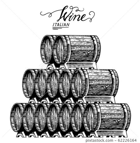 Wooden oak barrels of aged wine. Pyramidal pile of Vessels and kegs with French alcohol brandy or 62226164