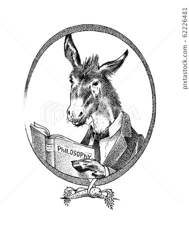 Donkey philosopher character or goat thinker. Hand drawn Animal person portrait. Engraved monochrome Donkey philosopher character or goat thinker. Hand drawn Animal person portrait. Engraved monochrome 62226481