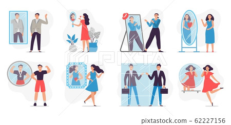 People looking in mirror. Love and proud yourself, man happy to see reflection in mirror and motivation vector illustration People looking in mirror. Love and proud yourself, man happy to see reflection in mirror and motivation vector illustration 62227156