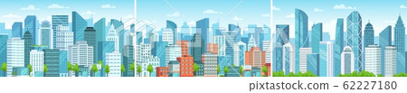 Modern cityscape. Business district skyscrapers, abstract urban panorama and city buildings vector set Modern cityscape. Business district skyscrapers, abstract urban panorama and city buildings vector set 62227180