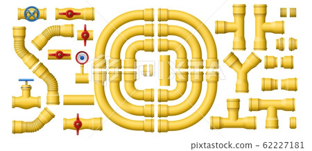 Yellow gas pipeline pipes. Metal pipe section, pipelines construction and industrial pipes kit vector set Yellow gas pipeline pipes. Metal pipe section, pipelines construction and industrial pipes kit vector set 62227181