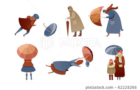 People Characters Walking in Windy Rainy Day with Umbrellas and Trying to Fight with Strong Wind Vector Illustrations Set People Characters Walking in Windy Rainy Day with Umbrellas and Trying to Fight with Strong Wind Vector Illustrations Set 62228268