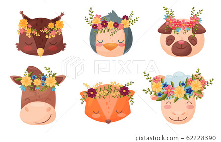 Animal Muzzles and Heads with Flower Wreath on Top Vector Set Animal Muzzles and Heads with Flower Wreath on Top Vector Set 62228390