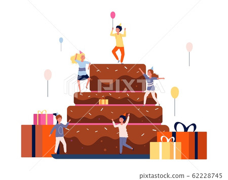Kids birthday party. Happy children and cake with gifts and balloons. Teens festive vector concept 62228745