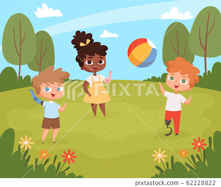 Disability kids playing. Unhealthy handicapped children walking outdoor wheelchair vector background Disability kids playing. Unhealthy handicapped children walking outdoor wheelchair vector background 62228822