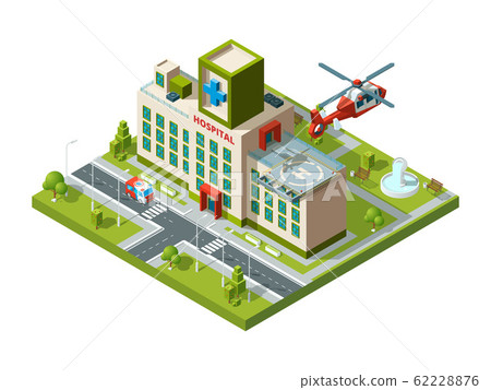 Ambulance building. Emergency transport helicopter on hospital roof helipad vector healthcare isometric 62228876