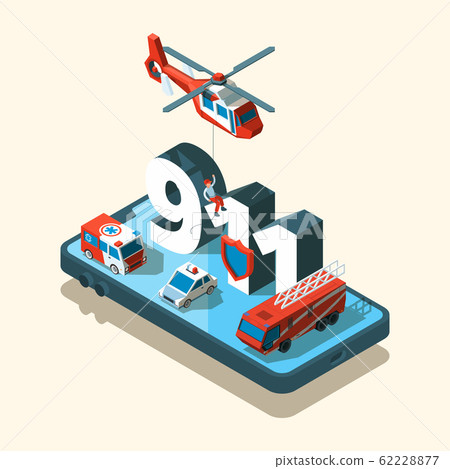 Emergency vehicles isometric. Safety urban transport 911 care call ambulance police vector car set 62228877