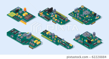 Motherboard isometric. Computer manufacturing small chip microscheme plate semiconductor electronic parts vector set 62228884