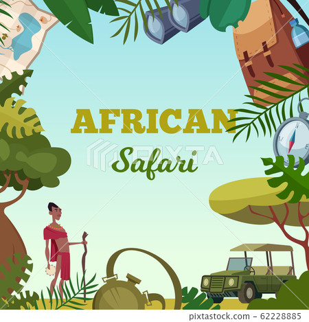 Safari frame. African tour travel concept for adventure brochure background jungle wild animals cars and various items 62228885