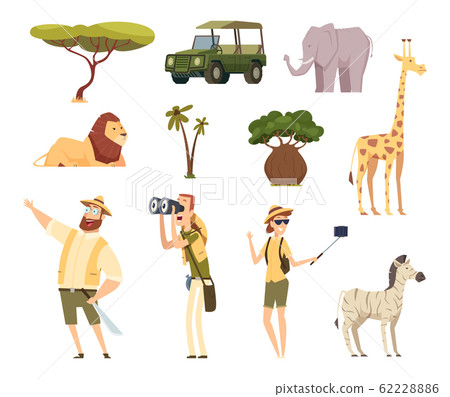 African safari. Wildlife animals travel car kenya jungle characters vector cartoon set 62228886