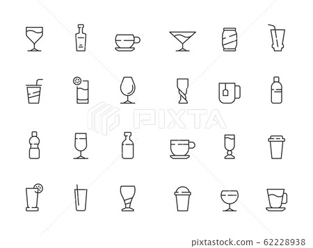 Drinks symbols. Cups and glasses of hot and cold drinks soda water coffee tea alcohol vector icons collection 62228938