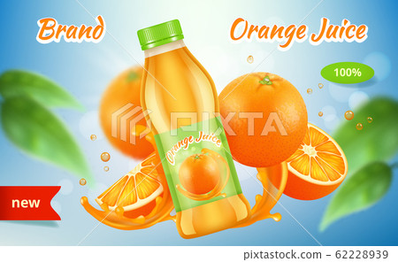 Orange ads. Placard vitamins juice bottle with splashes fruits spray vector advertizing graphic Orange ads. Placard vitamins juice bottle with splashes fruits spray vector advertizing graphic 62228939