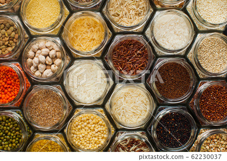 Food pattern background - beans and cereals in jars Food pattern background - beans and cereals in jars 62230037