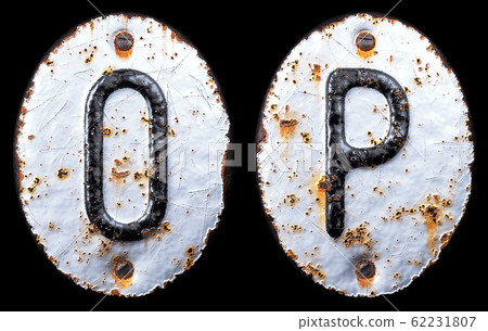 3D render set of capital letters O, P made of forged metal on the background fragment of a metal surface with cracked rust. 3D render set of capital letters O, P made of forged metal on the background fragment of a metal surface with cracked rust. 62231807