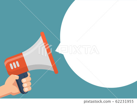 Male hand holding megaphone. Flat design. Can be used business company for social media, networks, promotion and advertising. Male hand holding megaphone. Flat design. Can be used business company for social media, networks, promotion and advertising. 62231955