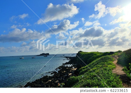 A corner of the island with green grass, blue water and sky 62233615