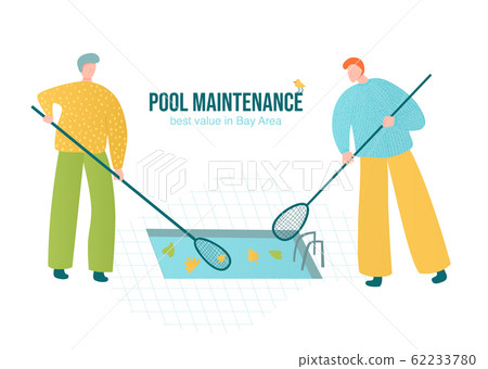 Two man cleaning pool with manual skimmers 62233780