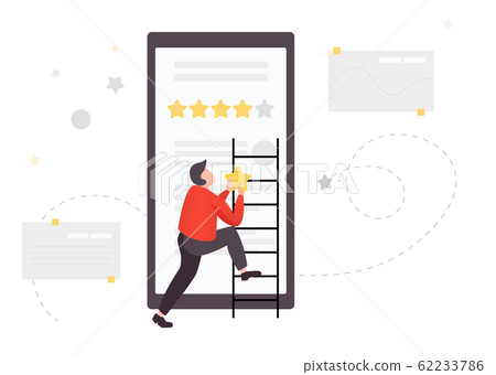 Guy giving feedback on smartphone with stars. 62233786
