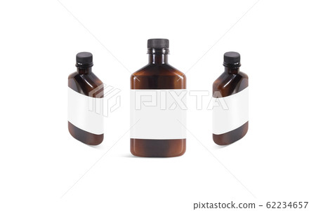 Blank amber plastic bottle with white label mockup, front side 62234657