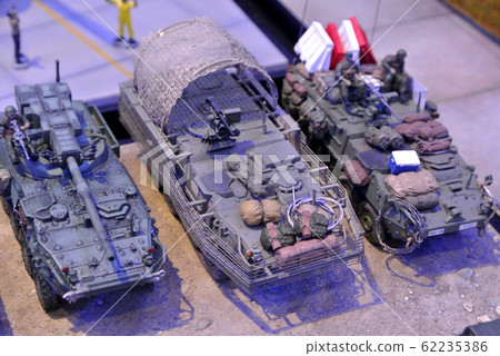 KUALA LUMPUR, MALAYSIA -OCTOBER 6, 2018: Selected focused miniature model of military tanks and amour vehicles. Display for the public by the collector. 62235386